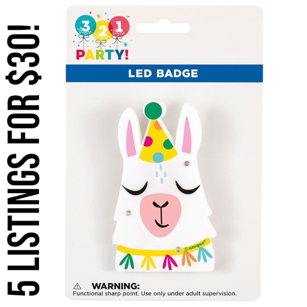New Llama LED Happy Birthday Badge 3.5” x 2” on off button